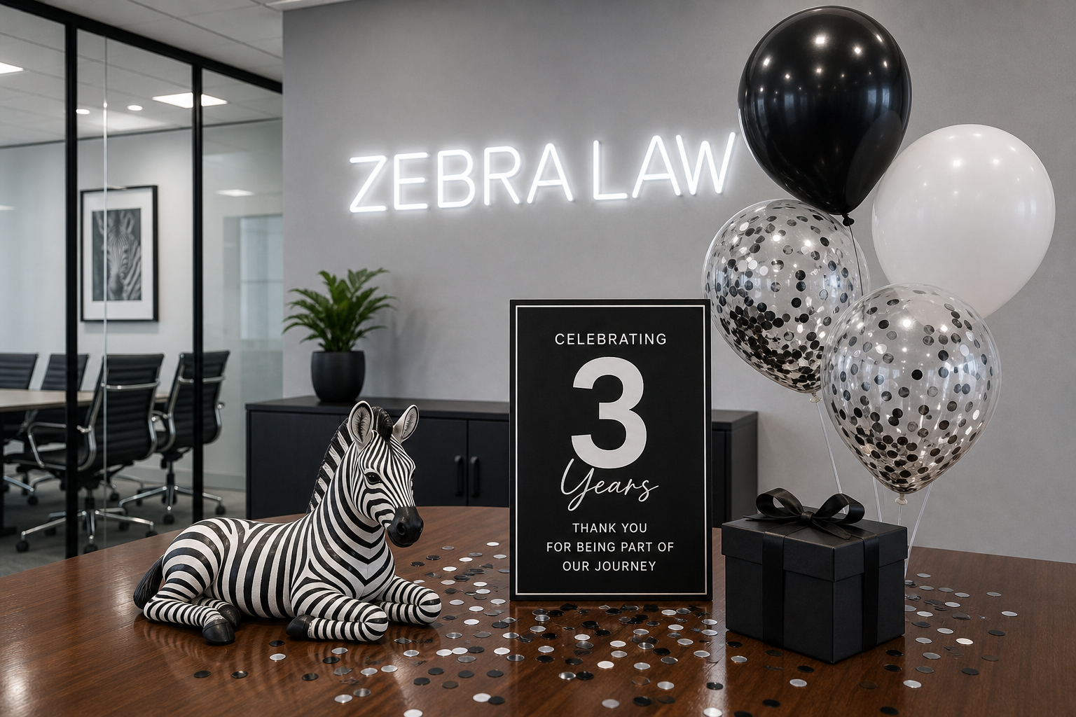 Zebra Law 3rd birthday celebration in the office with balloons, confetti and a celebrating 3 years sign
